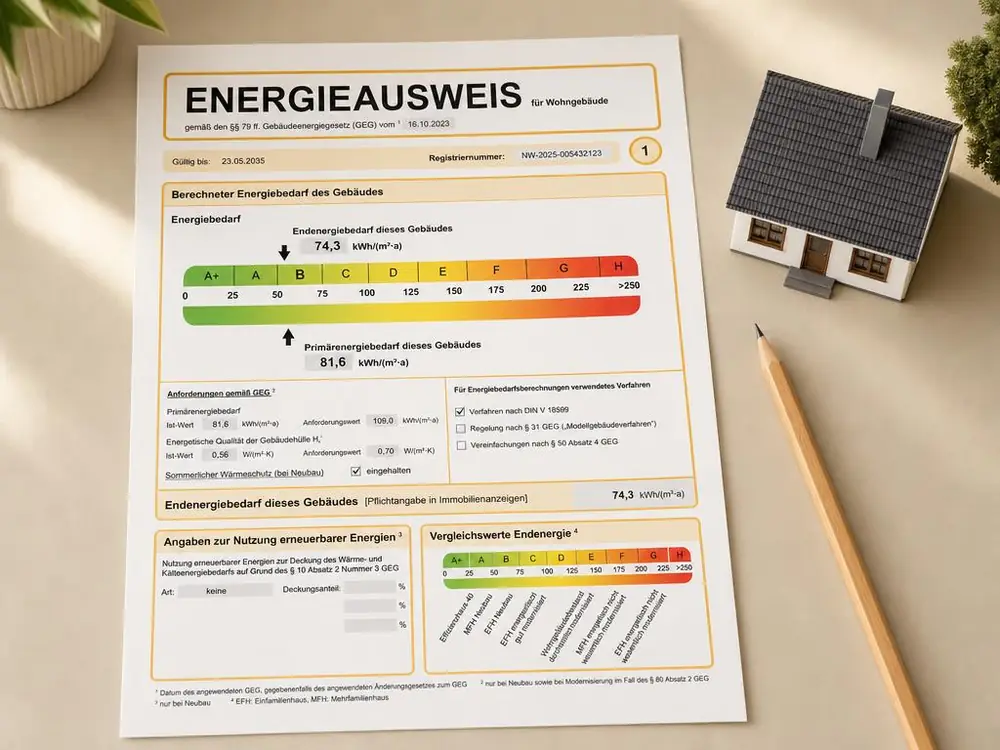 Energieausweis mit Effizienzskala auf einem Schreibtisch