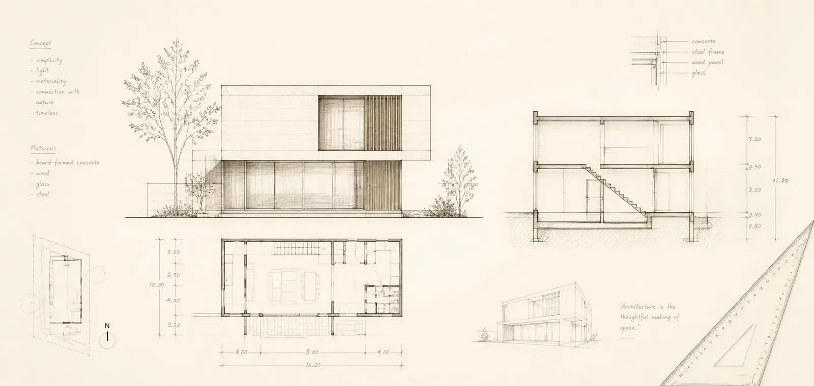 Architektonische Handskizze mit Fassade, Grundriss und Schnitt