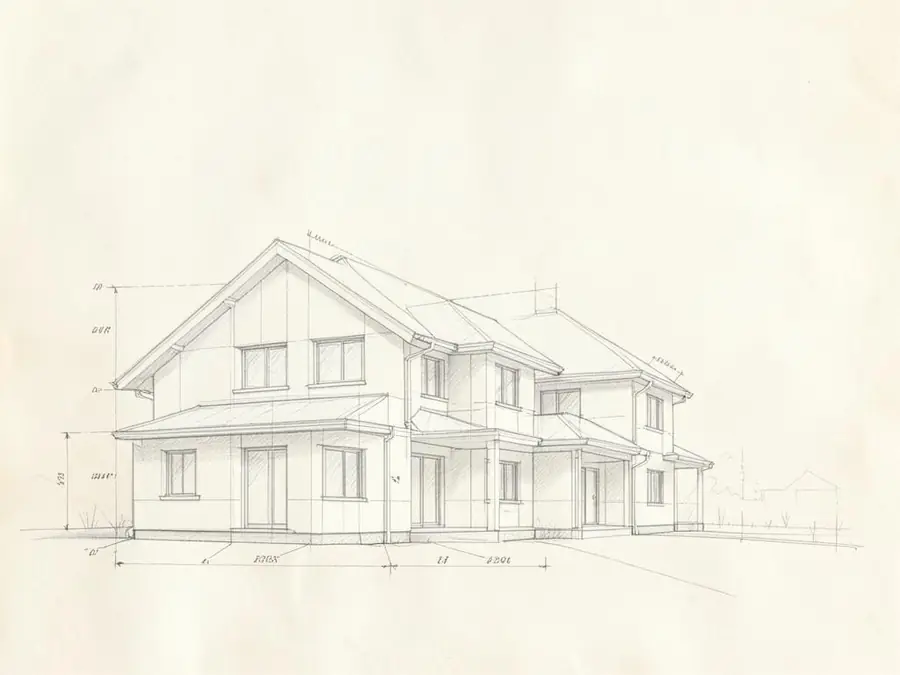 Architektonische Handskizze mit Fassade, Grundriss und Schnitt