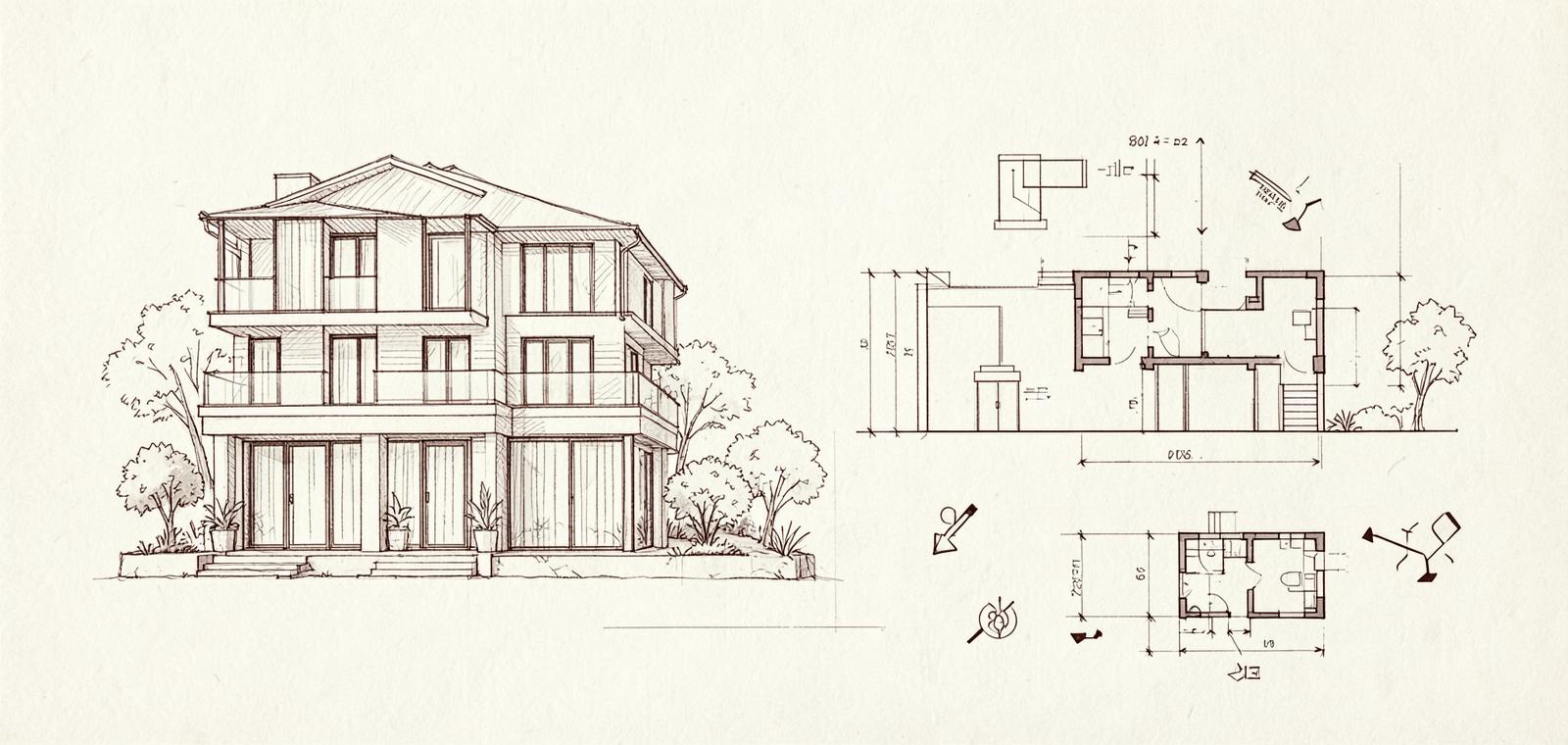 Architektonische Skizze mit Haus, Grundriss und Schnittzeichnung