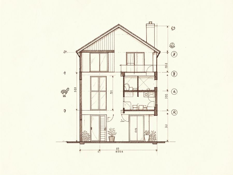 Architektonische Skizze mit Haus, Grundriss und Schnittzeichnung