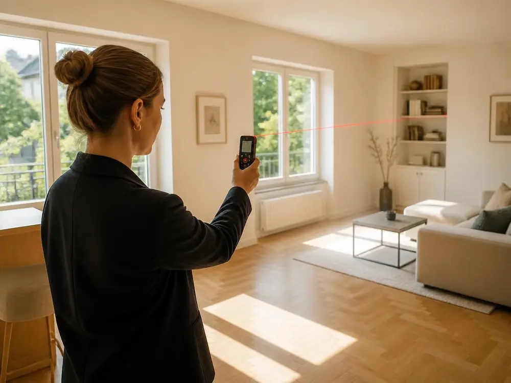 Aufmaß eines hellen Wohnraums mit Laser-Entfernungsmesser